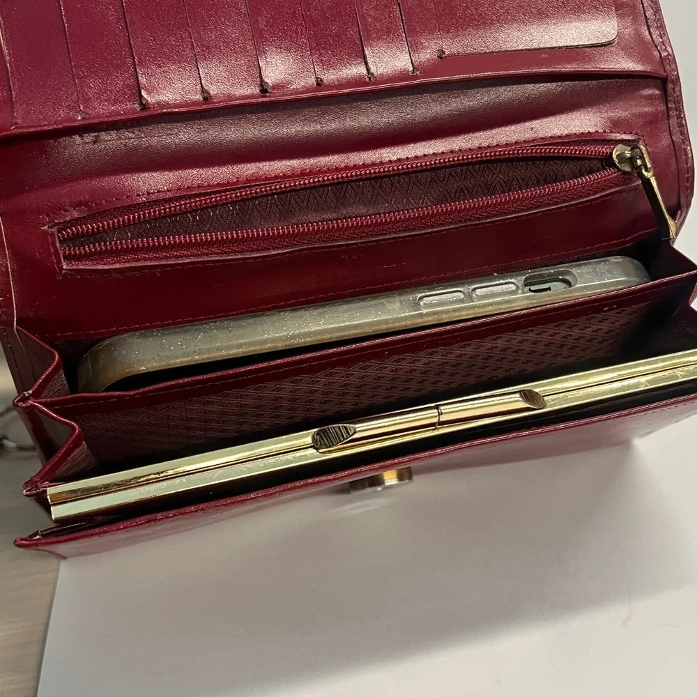 Red Leather Vintage Long Clutch Bifold Clutch Wallet